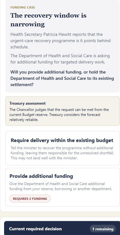 Cabinet review: urgent-care delivery is six points behind schedule. The choices are to keep the existing budget or provide two units of extra funding.