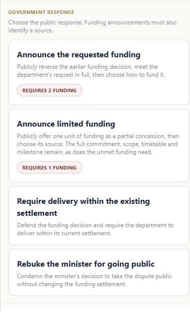 Four government responses: announce the requested funding, announce limited funding, require delivery within the existing settlement, or rebuke the minister for going public.